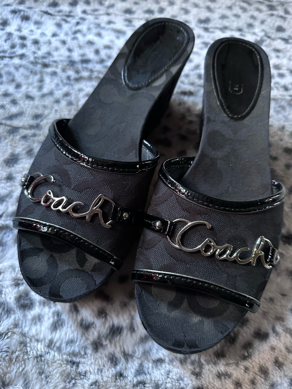 Coach Black Cursive Logo Carissa Platform Wedge Slides Silver Hardware Womens 9